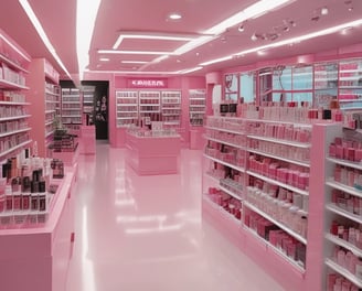 A woman is standing in front of a cosmetics display in a store, selecting a product. The shelves are filled with various foundation compacts, powders, and other beauty products. Advertisements and promotional images featuring models are visible on the surrounding walls.