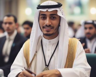 A person wearing traditional attire, including a white headscarf and glasses, is holding a microphone and reading from a tablet or notebook. They are standing in a conference-like setting with a name tag and a small Saudi Arabian flag visible on the table nearby.