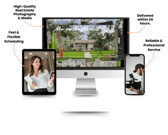 Real estate media services graphic showing fast scheduling, HDR photography, and 24-hour delivery on all devices