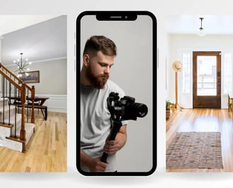 A real estate photographer holding a camera stabilizer, framed between two high-quality properties