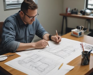 Homem sentado numa mesa fazendo um projeto de engenharia