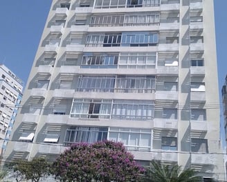 a tall building with a bunch of windows and a tree