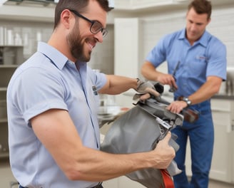 A yellow and black electric sander rests on a wooden cabinet door placed on a pair of sawhorses. The background features a blurred house exterior with a plant, conveying a home improvement setting.