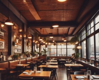 An outdoor restaurant setting located in what appears to be a quaint European town. The scene includes several wooden tables and chairs arranged in front of a restaurant with rustic signage. People are walking by, and menus are displayed on chalkboards. The building facade is aged, adding to the charming atmosphere.