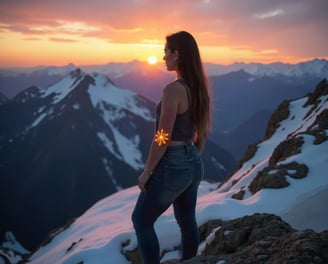 A woman stands high above the mountains with a compass that gives her clear purpose & direction
