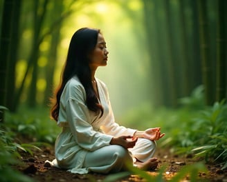 A woman sitting in meditative state of flow and connection in her life