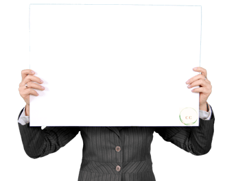 femme portant un tableau blanc qui couvre son visage et son buste, mon entreprise
