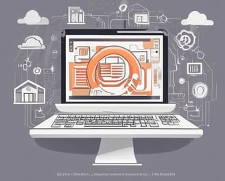 A graphic design with circular elements creating a hypnotic pattern. The central focus is a logo consisting of overlapping colored shapes, surrounded by concentric circles with gradients. The background features a subtle grid pattern with soft lighting effects.