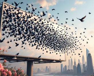 a billboard board with birds flying over a billboard