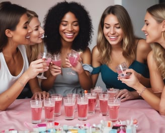 A group of women in elegant dresses surround a bride, gently placing their hands on her shoulders and back. Each woman holds a bouquet of flowers with pastel shades of pink, peach, and white. The setting appears rustic with a wooden backdrop, and two circular floral arrangements hang on the wall behind them.