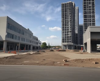 A modern white building with flat roofing, featuring a clean and minimalistic architectural design. The property is surrounded by a well-maintained lawn with a tall palm tree and several large agave plants. The sky above is bright blue with scattered fluffy clouds, while utility wires run across near the top of the image.
