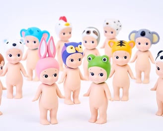Sonny angels with animal headwear stood up on a white background.