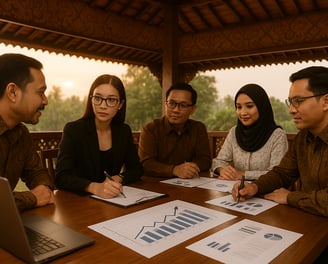 Five professionals in a Joglo pavilion boardroom at sunrise discussing financial charts and document
