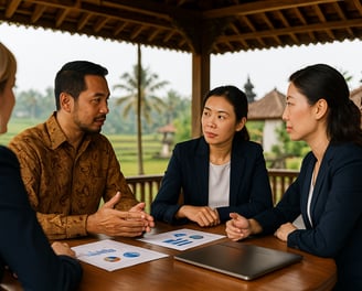 a group of people sitting around a table discuss business matchmaking