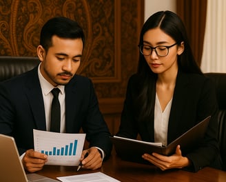 Two professionals in navy suits holding financial charts and legal documents in a batik-patterned se