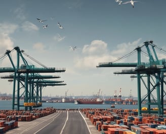 A large shipping port with numerous stacked cargo containers, cranes, and two small boats docked at the harbor. The containers are primarily red and blue and labeled with 'KMTC'. The cranes are towering, painted in blue, with the word 'NORTHPORT' prominently displayed. The scene is industrial, indicating a bustling area for shipping and logistics.