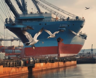 A busy shipping port with numerous stacked cargo containers is shown. Several cranes are actively loading and unloading the containers onto a large cargo ship docked at the port. The water nearby appears calm, and there are various vehicles and equipment scattered around the area, indicating a high level of activity.