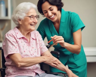 An elderly woman using a cane is supported by a younger woman as they walk together outside. They are on a dirt path near a rustic building with wooden doors. In the background, there are trees and a view of hills or mountains.