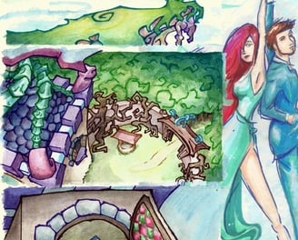 Combination of watercolour fantasy art sketches in vivid colours. Rapunzel's tower. Prom queen.