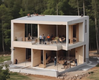 A construction or renovation site is visible, featuring metal scaffolding on a tiled floor. In the background, there's an open window allowing natural light to brighten the area. Cardboard boxes are placed on a surface, hinting at ongoing work. Electrical cables are scattered on the floor, and a cutout in the wall appears to be an unfinished part of the project.