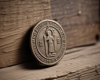 Two intricately designed coins are placed against a textured background of coiled rope and woven fabric. One coin is gold-colored, while the other is silver-toned, each featuring detailed inscriptions and symbols.