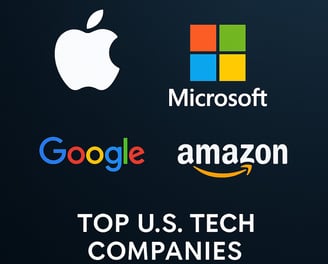 Top U.S. tech companies graphic featuring logos of Apple, Microsoft, Google, and Amazon