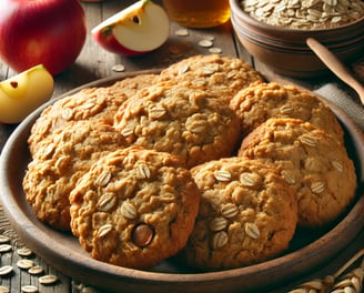 a plate of oatmeal cookies with apples and oats