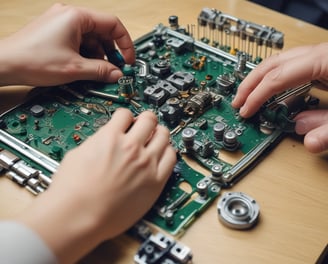 Hands are manipulating a small mechanical assembly, which includes metal and plastic components. The setup seems to involve green gears and metallic rods, indicative of a robotics or engineering-related activity.