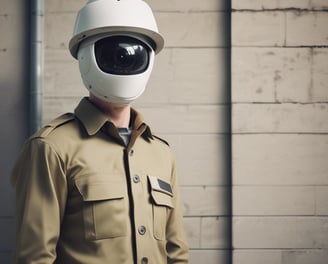 A person dressed in a security uniform is striking a playful pose, holding a blue baton in one hand and a notepad in the other. They are wearing sunglasses and black formal shoes, standing on a paved surface with a brick building and a parked car in the background.