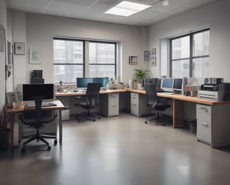 office engineering office with computers and floor plans scattered