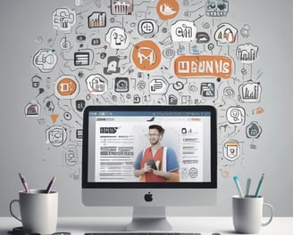 A laptop displaying a website with a search bar at the top and several categorized icons for different services. The laptop is positioned on a light-colored desk in an indoor setting, with the focus on the screen contents and some blurred background elements.