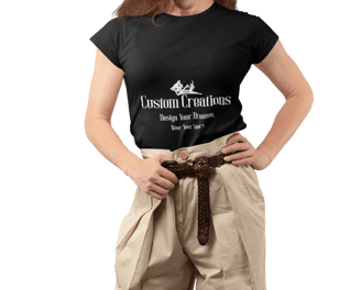a woman wearing a black t - shirt and pants with a belt