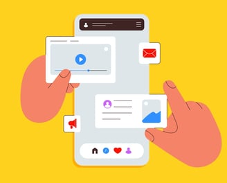 mobile content icons representing social media engagement, influencer communication