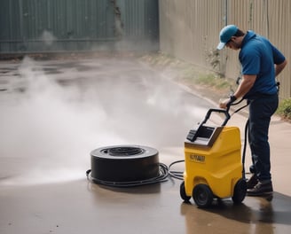 A person in a cleaning uniform is pushing a floor cleaning machine in front of a large wall made of blue-tinted glass blocks. The shadowed silhouette of another person is visible in the foreground, captured mid-step, creating a dynamic sense of motion.