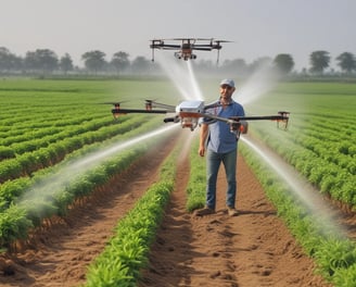 A white quadcopter drone equipped with a camera hovers in front of a blurred background of lush green foliage. The drone is captured in mid-flight, with its propellers creating a slight motion blur.