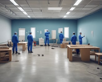 A room under renovation with exposed wooden beams and insulation on the ceiling, a bare brick wall, and various construction materials scattered around. There is a metal ladder leaning against the wall, a stack of drywall sheets, and bags of cement on the floor. The back of the room is illuminated by a large window covered with white curtains, with a red brick wall to the right.