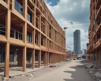 A construction site with a large, metallic building featuring the CSCEC logo and Chinese characters on it. Surrounding the building are tall apartment complexes in the background. Signs are visible, including one indicating an exit with English and Chinese text, and several informational signs in Chinese.