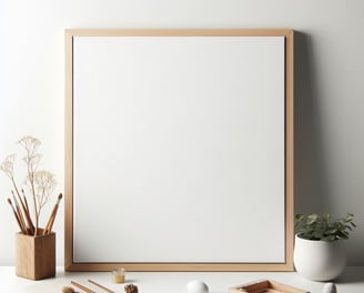 a blank white frame with a wooden frame and a plant in a vase