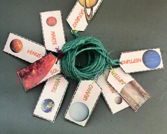 Esta es una imagen de la cuerda enrrolada con las tarjetas que representan a cada uno de los planeta