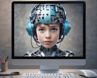 Several children are seated at a row of computers in a room, with one child raising their hand. They wear masks and colorful clothing, and the computers have LED lighting.