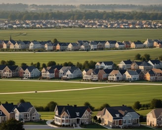 Aerial view showcasing a residential area with rows of houses featuring red-tiled roofs surrounded by green lawns and swimming pools. The community is bordered by a large, expansive golf course with neatly mowed fairways and scattered trees. In the background, lush hills and distant mountain ranges are visible under a clear blue sky.