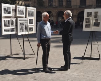 A poster with colorful graphics and text in a foreign language, featuring images of people interacting with 3D artwork on a wall. The main elements include individuals posing with painted gold coins and treasure chests as part of an interactive exhibit.