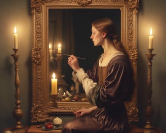 A storefront displays various framed artworks with vivid colors, and a white bicycle with a basket is parked in front. The text on the window is in a non-Latin script, and there are various artistic posters visible through the window. The setting conveys an artistic and quaint atmosphere typical of a small gallery or art shop.