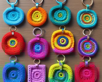 a bunch of crochet keychain with a colorful keychain