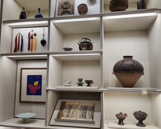 Display cases in the donated items room
