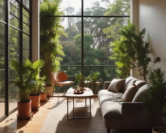 A beach scene with a makeshift hut made of wooden sticks and dried palm leaves. Two white Adirondack chairs are placed in front of the structure, which has a 'For Rent' sign hanging. Surrounding the hut is an expanse of sandy beach, and modern beachfront homes are visible in the background under a clear blue sky.