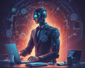 Four small, white robot figures are sitting in a row, each with a laptop in front of them. They have round bodies and blue accents, with 'AI' displayed on their chests. The background is minimal and light gray, emphasizing the robots and their computers.