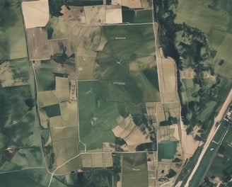 A vast agricultural field filled with rows of plants, possibly beetroot or similar leafy greens. The field is bordered by lush trees and hills in the background, contributing to a serene rural landscape. Sprinklers are visible throughout the field, indicating an irrigation system in place.