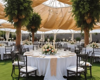 A richly decorated stage setup featuring ornate gold carvings and detailed floral arrangements. The backdrop showcases a combination of white and pastel pink flowers, adding an elegant touch. Draped fabric in a mustard hue hangs to the right, complementing the luxurious feel. White upholstered chairs with wooden frames are placed in front, surrounded by a border of white flowers.