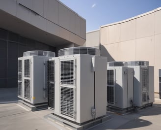A densely packed wall with numerous air conditioning units attached at various heights. There are several metal ladders placed vertically and horizontally around the units. Various cables and ducts are seen running from the units, and the entire setup has an industrial and cluttered appearance.